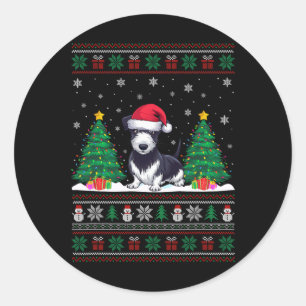 Sticker Rond Santa Hat Rat Terrier Chien de Noël Lumières Arbre