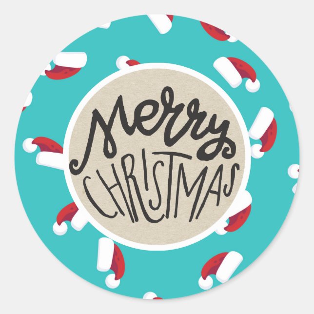 Sticker Rond Santa Hats Bleu Joyeux Noël Fêtes Whimsical (Devant)