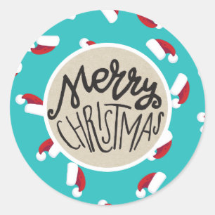 Sticker Rond Santa Hats Bleu Joyeux Noël Fêtes Whimsical