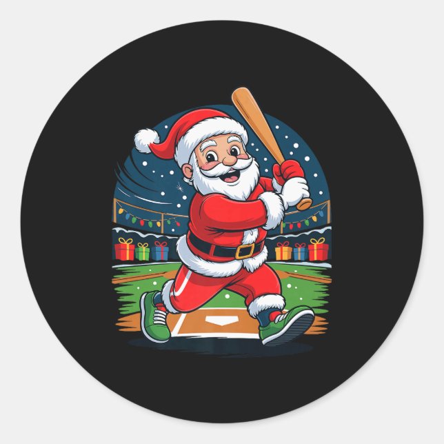 Sticker Rond Santa Playing Baseball Funny Holiday Christmas Xma (Devant)