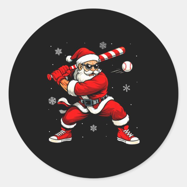 Sticker Rond Santa Playing Baseball Xmas Funny Christmas Baseba (Devant)
