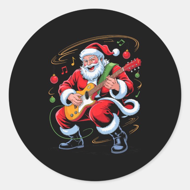 Sticker Rond Santa Playing Guitar Funny Holiday Christmas Xmas  (Devant)