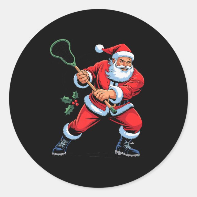 Sticker Rond Santa Playing Lacrosse Funny Holiday Christmas Xma (Devant)