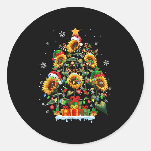 Sticker Rond Santa Reindeer Elf Sunflowers As Xmas Tree Flowers (Devant)