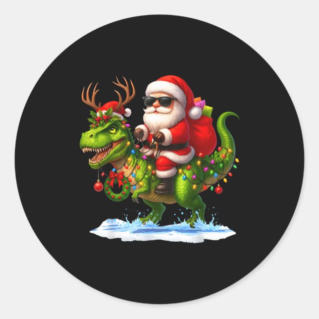 Sticker Rond Santa Riding Dinosaur T Rex Christmas Boys Men Xma (Devant)