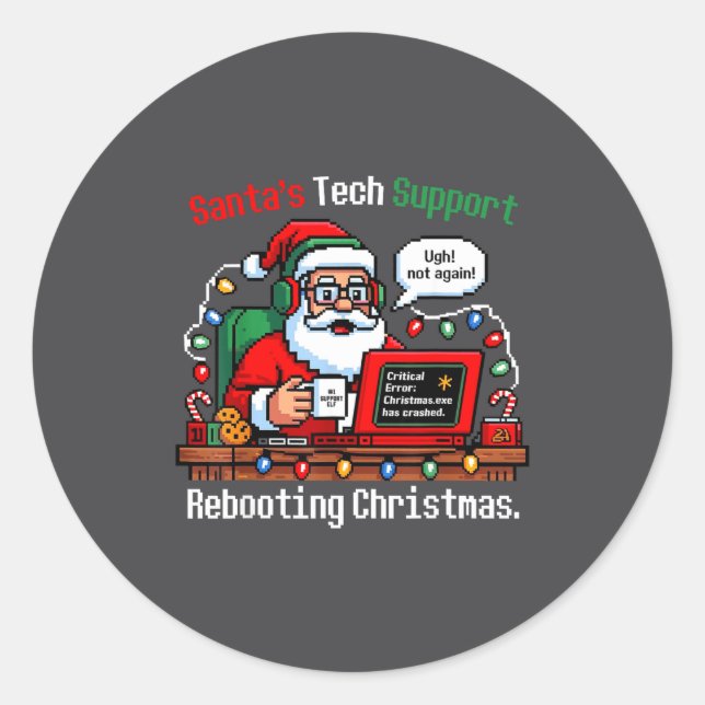 Sticker Rond Santa s Support Tech Rebooting IT Computer Humor (Devant)