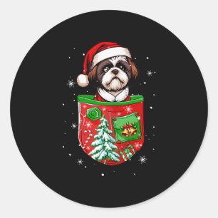 Sticker Rond Santa Shih Tzu Dans Son Poche Propriétaire Cloche 