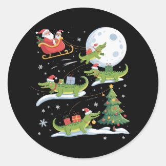 Sticker Rond Santa Sleigh Riding Alligator Christmas Funny Xmas