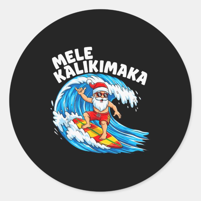 Sticker Rond Santa Surfing Mele Kalikimaka Hawaiian Christmas  (Devant)