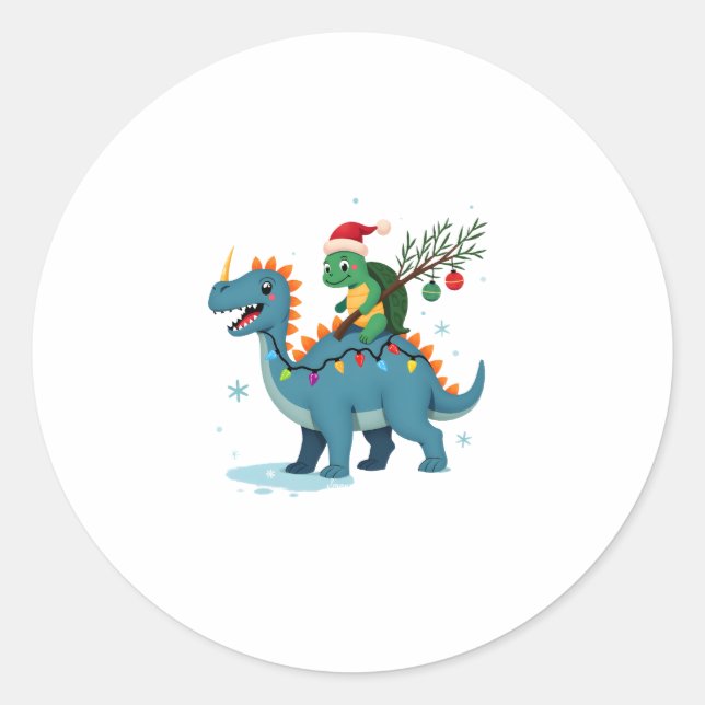 Sticker Rond Santa Turtle Riding T-Rex Reindeer Christmas Light (Devant)