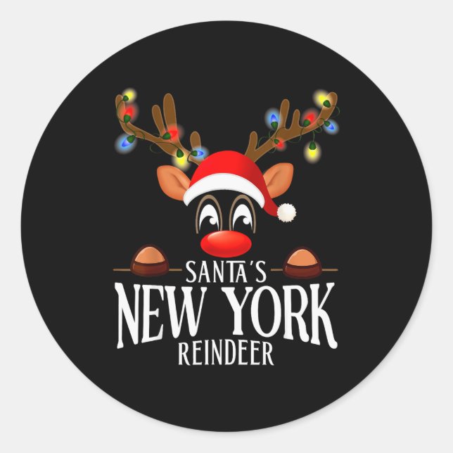 Sticker Rond Santa's New York Reindeer Funny Xmas Matching Pjs  (Devant)