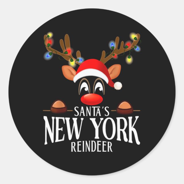 Sticker Rond Santas New York Reindeer Funny Xmas Matching Pjs T (Devant)