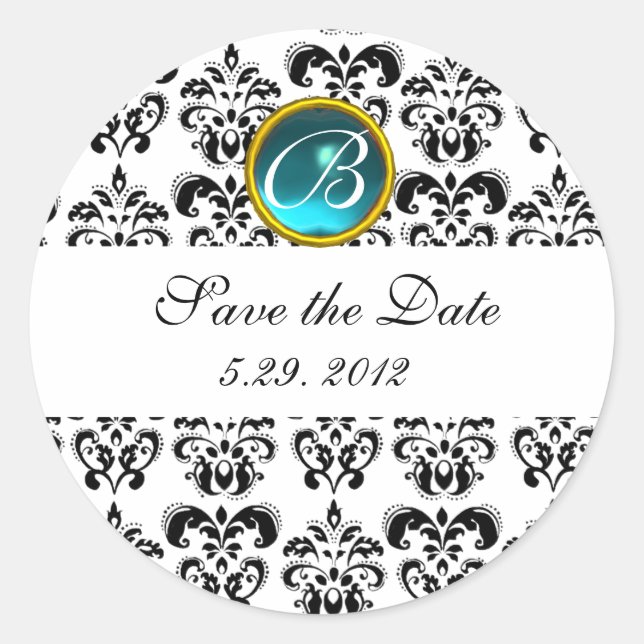 Sticker Rond Saphir bleu NOIR ET BLANC DAMASK MONOGRAM (Devant)
