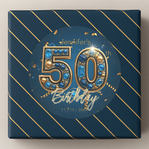 Sticker Rond Saphir incrusté de bijoux Bleu et Or 50e Anniversa