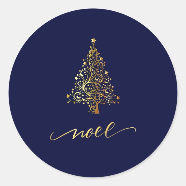 Sticker Rond Sapin de Noël Bleu Nuit et Or Élégant (Devant)