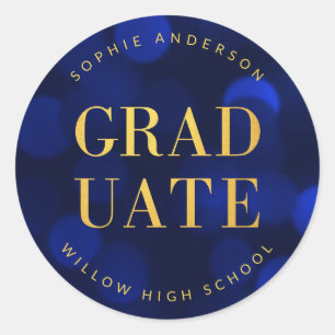 Sticker Rond Sapphire Blue Bokeh Faux Gold Graduate