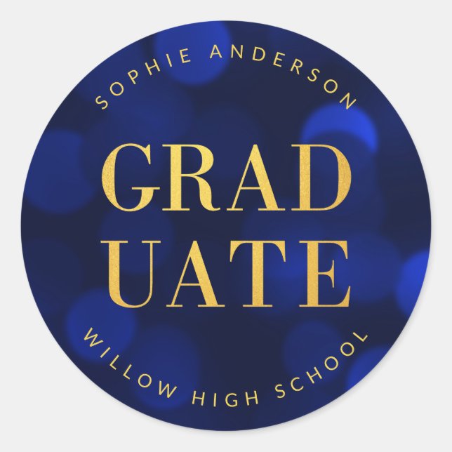 Sticker Rond Sapphire Blue Bokeh Faux Gold Graduate (Devant)