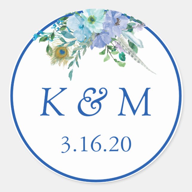 Sticker Rond Sapphire Blue Floral Monogramme Mariage Faveur (Devant)