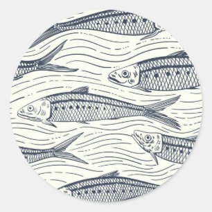 Sticker Rond Sardines en mouvement en bleu marine et ivoire