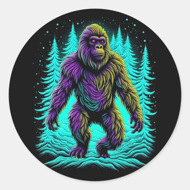 Sticker Rond Sasquatch Bigfoot en Turquoise et noir (Devant)