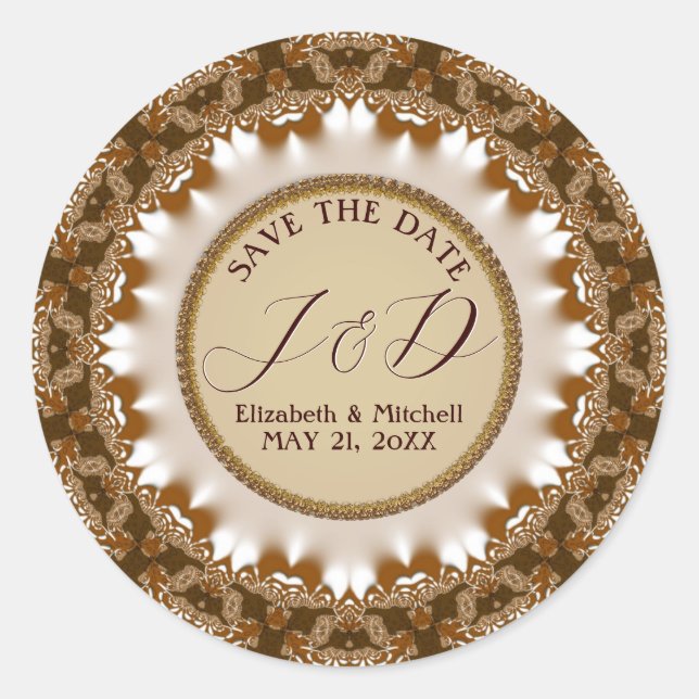 Sticker Rond Satin Terre Dentelle Monogramme Enregistrer la Dat (Devant)