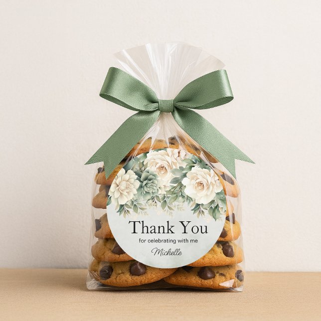 Sticker Rond Sauge blanche florale verte Or Anniversaire Remerc (White and sage green floral birthday party "Thank you" sticker)