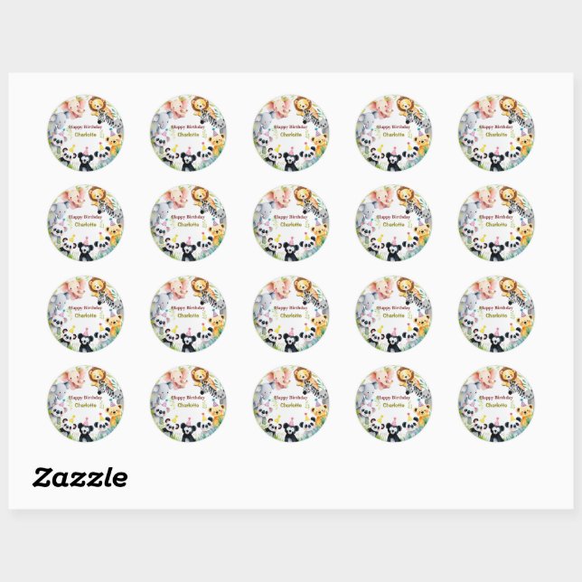 Sticker Rond Sauvage Tropical Une Jungle Safari Animaux Anniver (Feuille)