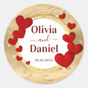 Sticker Rond Sauvegarder la Date, Cœurs Rouges de Mariage Perso