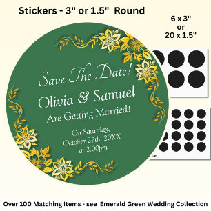 Sticker Rond Sauver la date - Émeraude vert et or