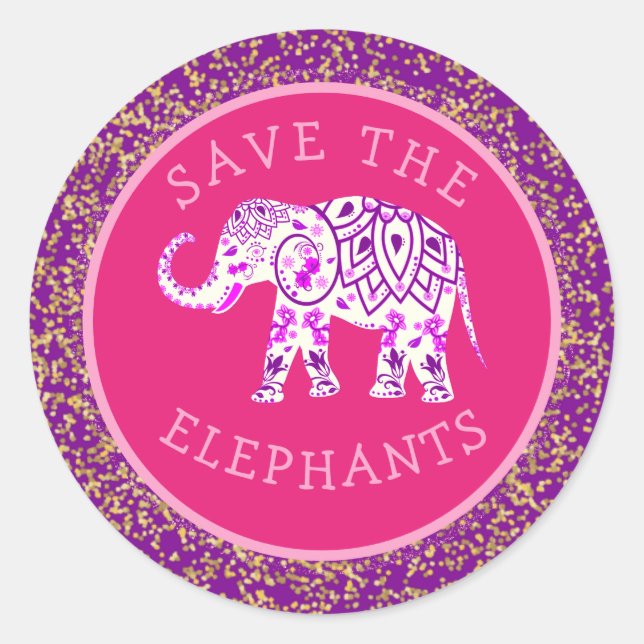 Sticker Rond Sauvez les éléphants Boho rose Paisley Parties sci (Devant)