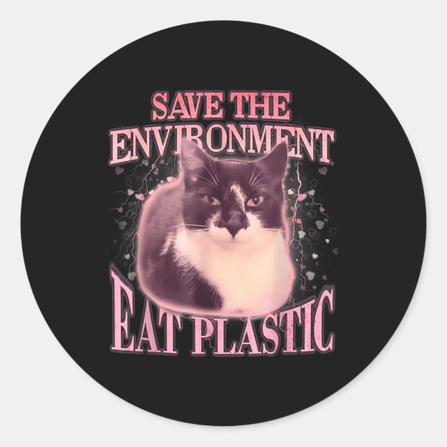 Sticker Rond Sauvons L'Environnement Manger Plastique Silly Cha (Devant)