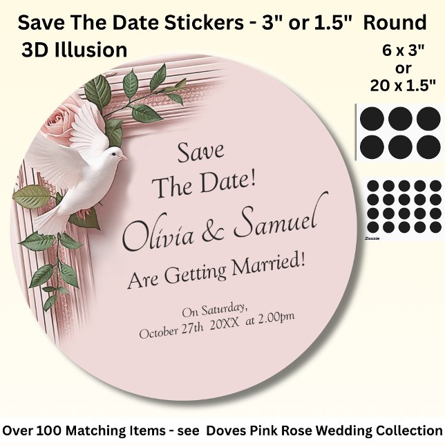 Sticker Rond Save The Date - Pink Roses & Doves Wedding (Créateur téléchargé)