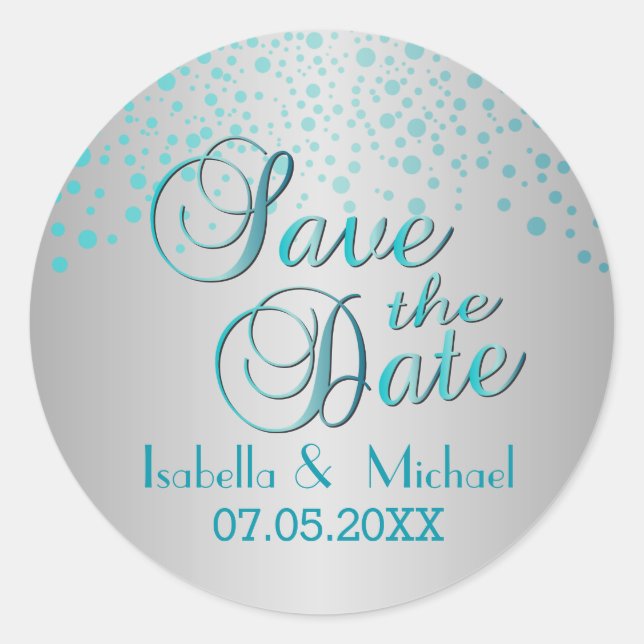 Sticker Rond Save the date | Points bleus turquoise | Personnal (Devant)