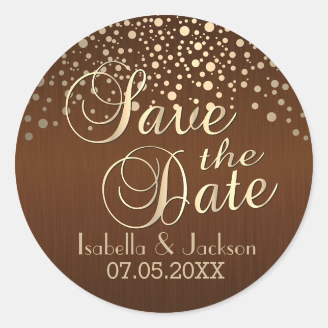 Sticker Rond Save the date | Points d'or et Brown | Personnalis (Devant)