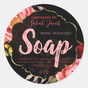 Sticker Rond Savon floral d'aquarelle de rose noir d'or