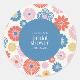 Sticker Rond Scandi Boho Folk Fleur Bleu Baby Shower 