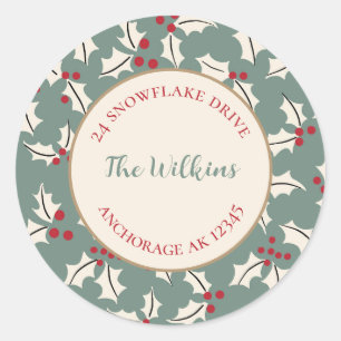 Sticker Rond Sceau d'adresse de Noël Holly Green et Red Round