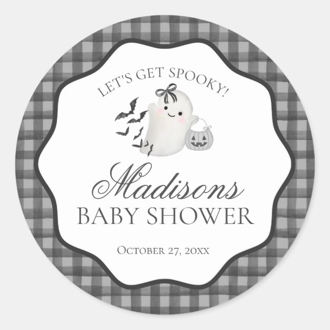 Sticker Rond Sceau de Baby shower Black En vichy Little Boo Gho (Devant)