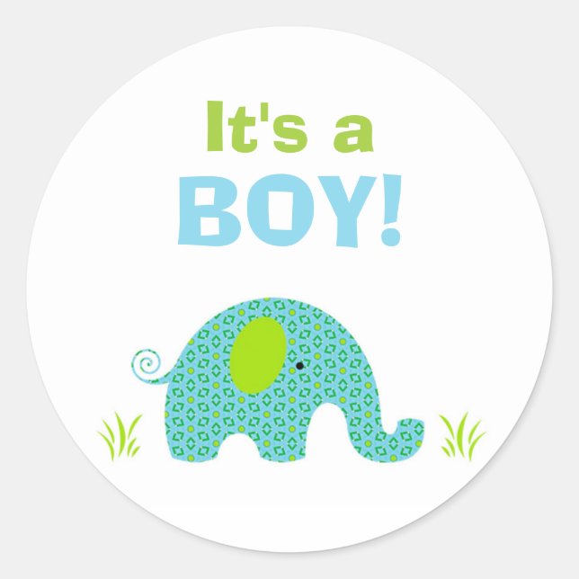 Sticker Rond Sceau de Baby shower bleu et vert éléphant (Devant)