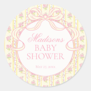 Sticker Rond Sceau de Baby Shower Floral Fancy Vintage Jaune