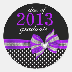 Sticker Rond Sceau de graduation noir blanc violet Polka