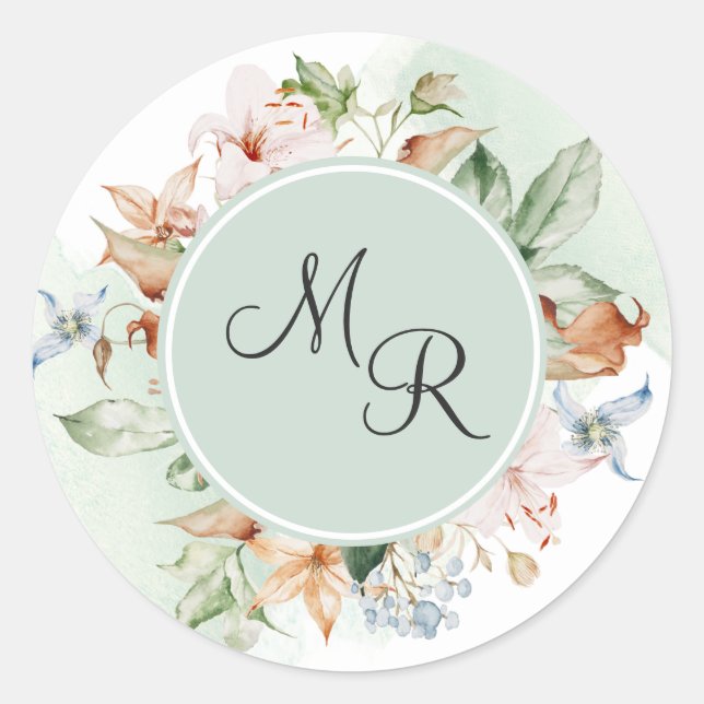 Sticker Rond Sceau de l'enveloppe de monogramme vert floral (Devant)
