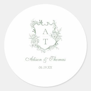 Sticker Rond Sceau de mariage à monogramme vert sauge pour enve