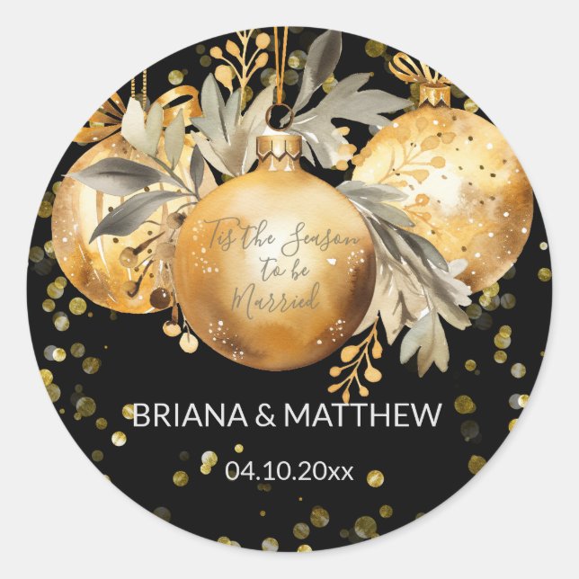 Sticker Rond Sceau de mariage de Noël noir or (Devant)