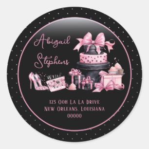 Sticker Rond Sceau de mode rose noir Glam avec adresse de retou