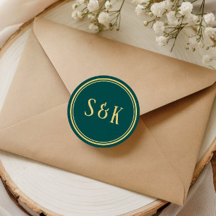 Sticker Rond Sceau d'enveloppe à monogramme vert mer d'or