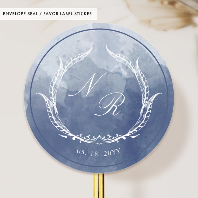 Sticker Rond Sceau d'enveloppe d'aquarelle bleu marine Monogram (Créateur téléchargé)