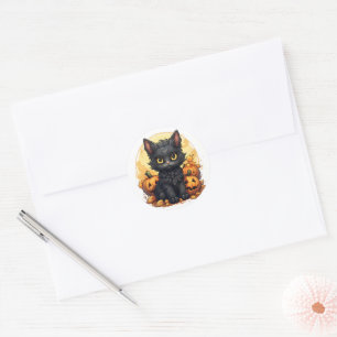 Sticker Rond Sceau d'enveloppe de chaton mignon et Jack-O-lante