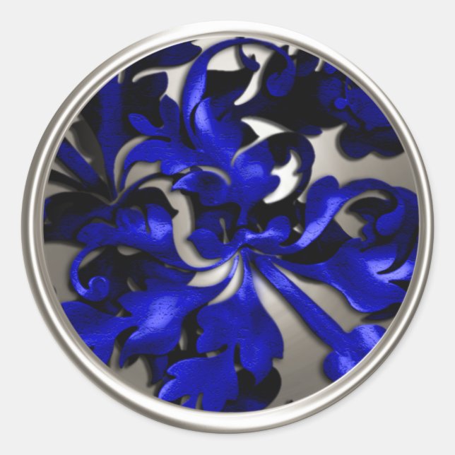 Sticker Rond Sceau d'enveloppe de feuillage bleu et argent (Devant)