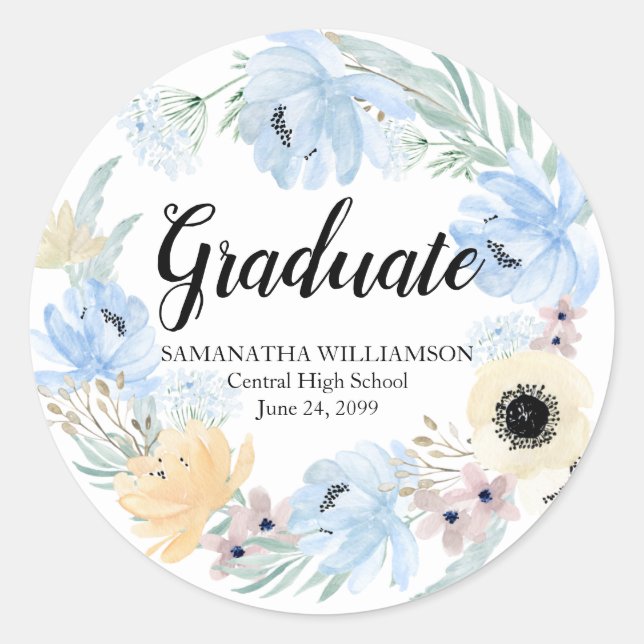 Sticker Rond Sceau d'enveloppe de graduation florale bleu chic (Devant)